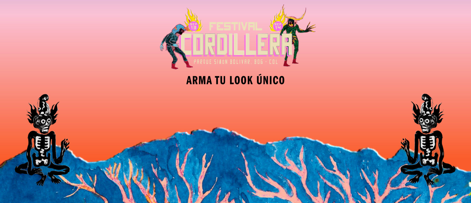 The image features two stylized figures in the foreground, with a vibrant, mountainous landscape in the background. The text at the top announces a "Festival of Controllers" and the phrase "Arma tu look único" (Arm your unique look).