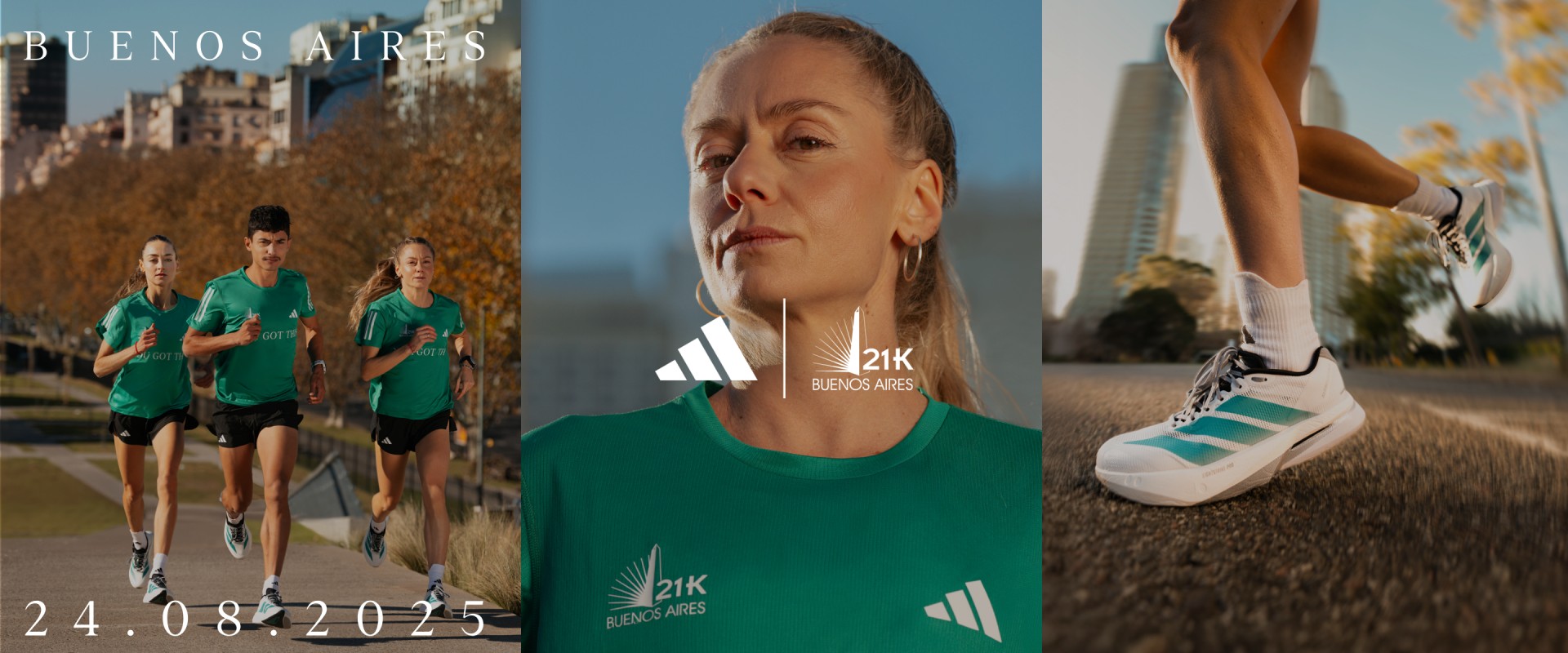 The image features a group of runners wearing green athletic gear, a close-up of a woman's face wearing a green shirt with the Adidas logo, and a close-up of a person's feet wearing Adidas running shoes against a cityscape backdrop.