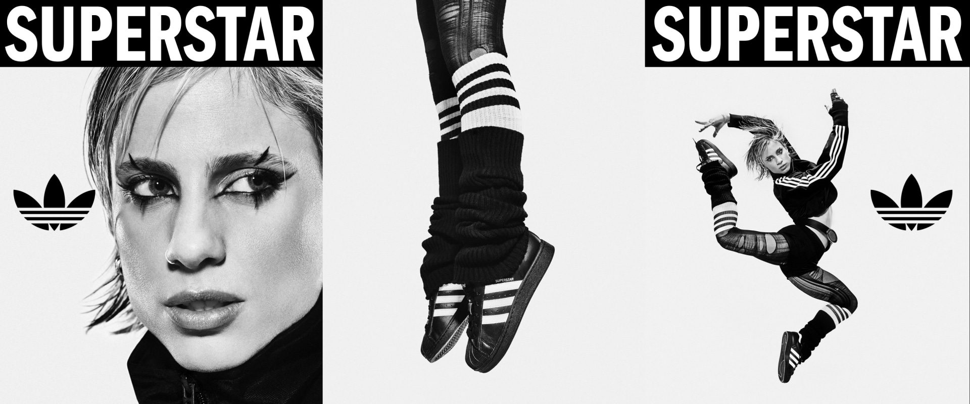 A black and white image featuring a close-up of a person's face on the left, with the word "PERSTAR" above it, and a person in a dynamic jumping pose on the right, with the word "SUPERST" above them.
