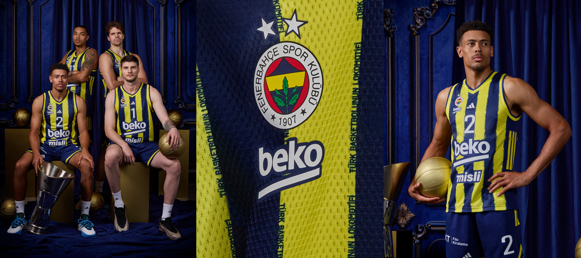 The image depicts a group of basketball players wearing the uniforms of the Fenerbahçe Beko basketball team, standing in front of the team's logo and branding.
