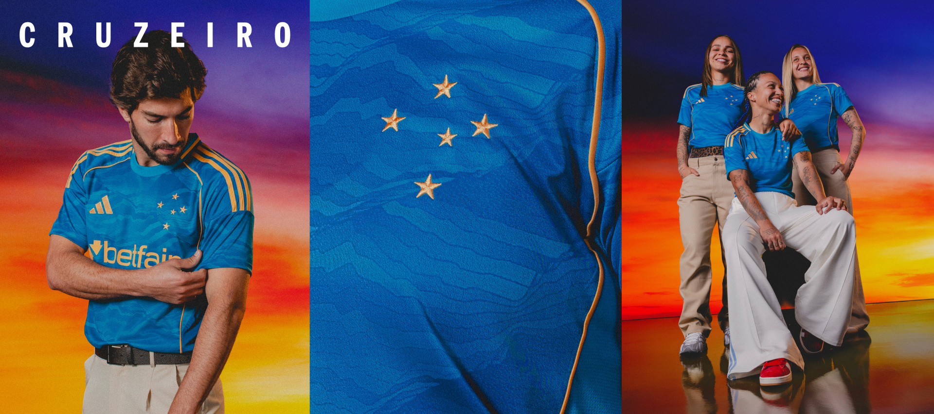 The image features a soccer player wearing a blue jersey with the team name "Cruzeiro" prominently displayed, standing in the foreground against a vibrant background of stars and a colorful sky.