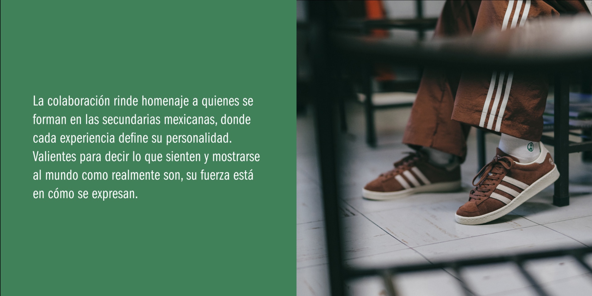 The image shows a pair of brown and white sneakers on a tiled floor, with a green background and a text overlay in Spanish.