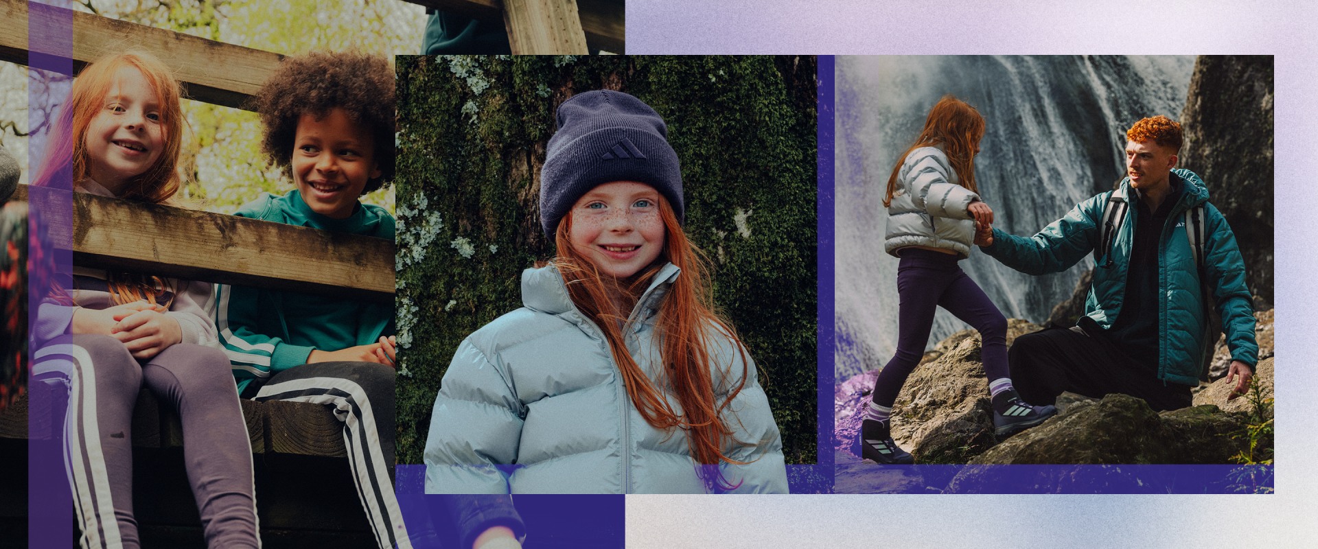 The image displays several photographs of people in outdoor settings, including a young woman with long red hair smiling in a snowy landscape, a group of people standing near a waterfall, and a person wearing a hooded jacket.
