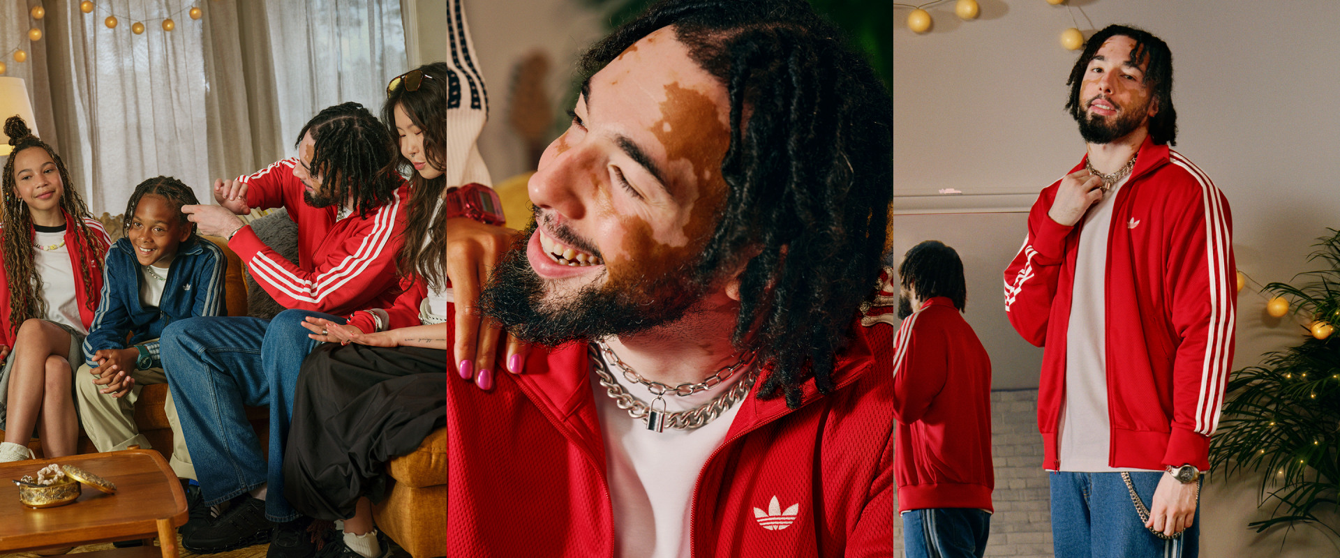 Eine Gruppe von Menschen, von denen einige rote Kleidung tragen, scheint sich in einem lebhaften Gespräch oder einer Feier in einem Innenbereich mit dekorativer Beleuchtung zu befinden.