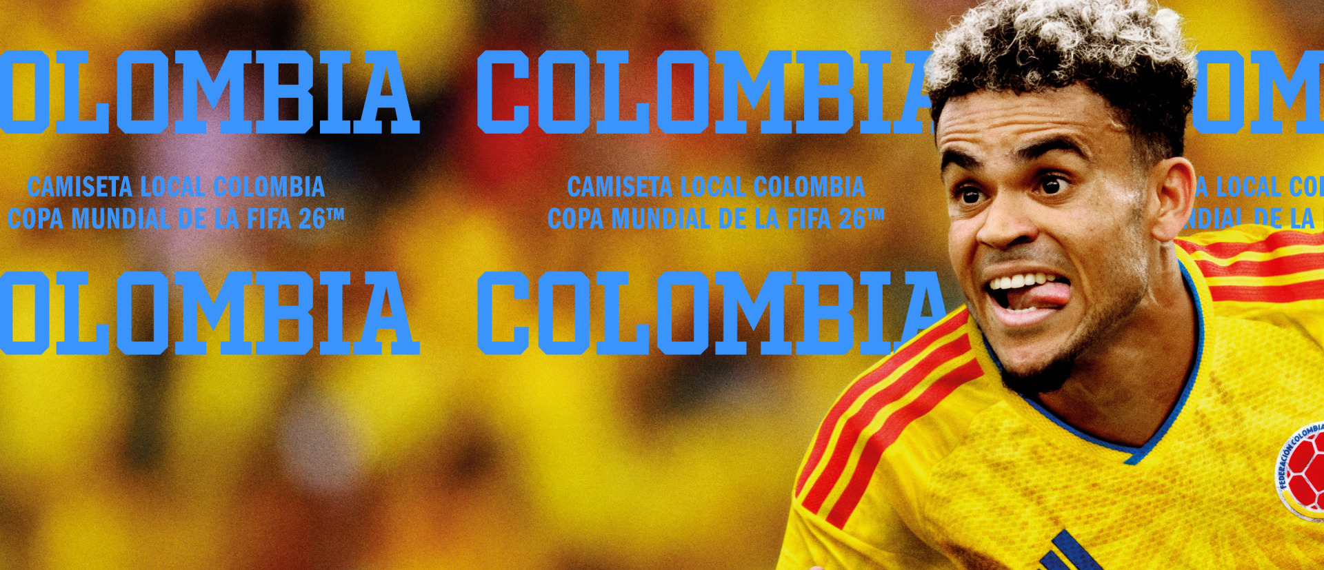 The image features a close-up of a man with a determined expression, wearing a yellow and red soccer jersey, against a vibrant yellow and orange background with the text "OMBIA COLOMBIA" prominently displayed.
