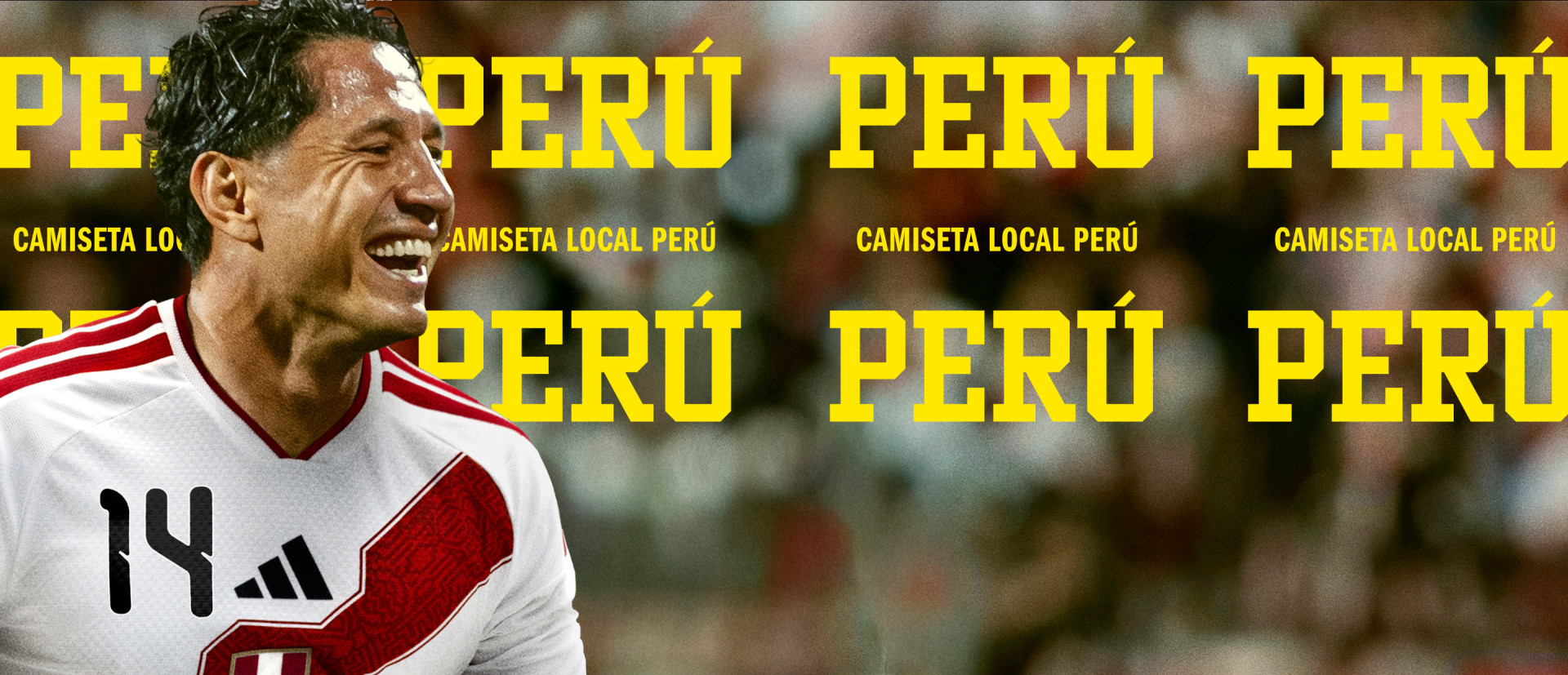 A smiling man wearing a red and white sports jersey stands in front of a background with the word "Peru" repeated multiple times.
