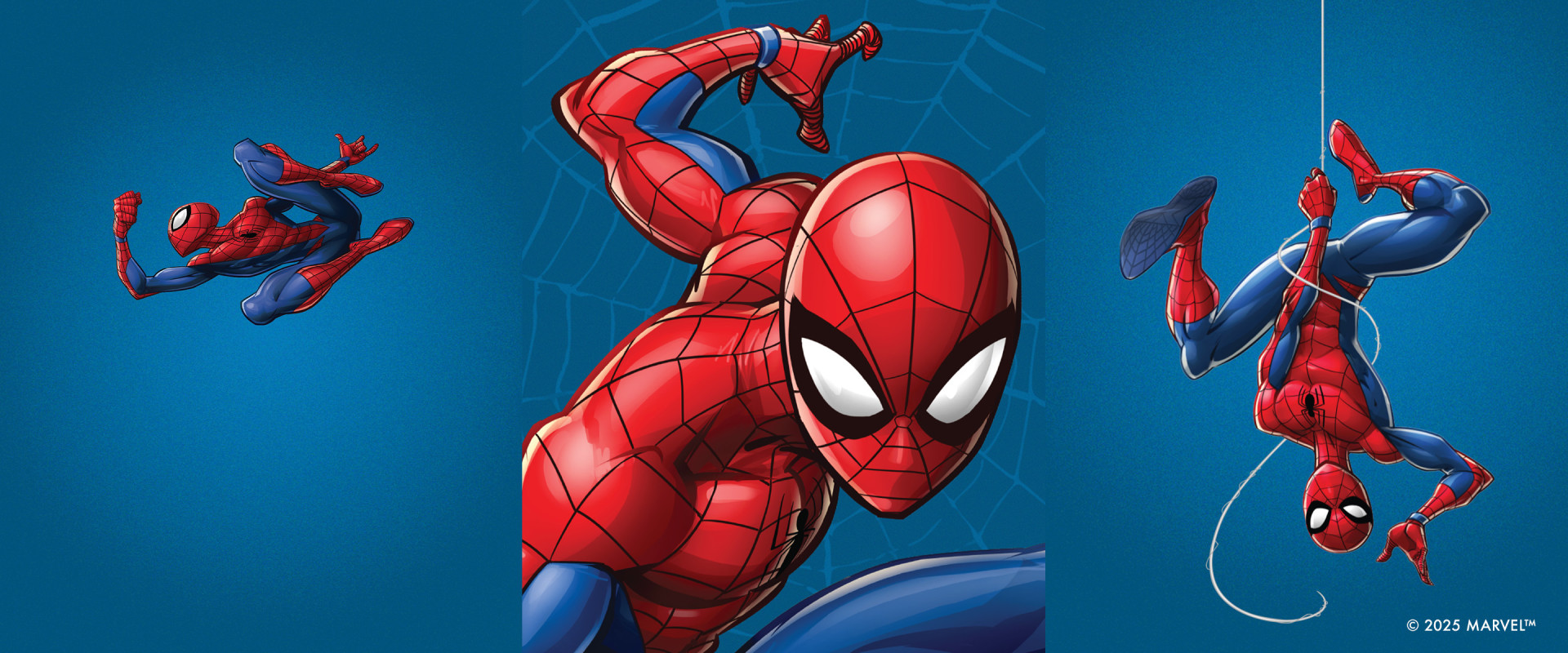 The image depicts several versions of the iconic superhero Spider-Man, each in their distinctive red and blue costume, striking dynamic poses against a vibrant blue background.