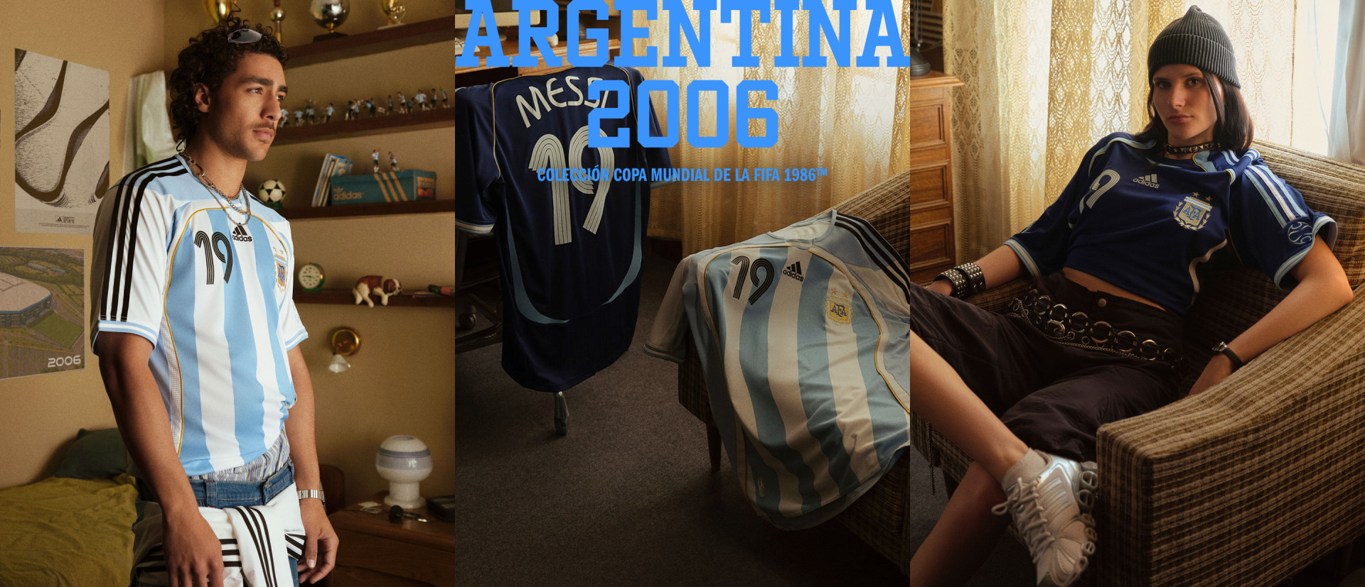 The image shows two people wearing Argentina national team jerseys, one in the foreground and the other in the background, with a large Argentina 2006 banner visible in the background.