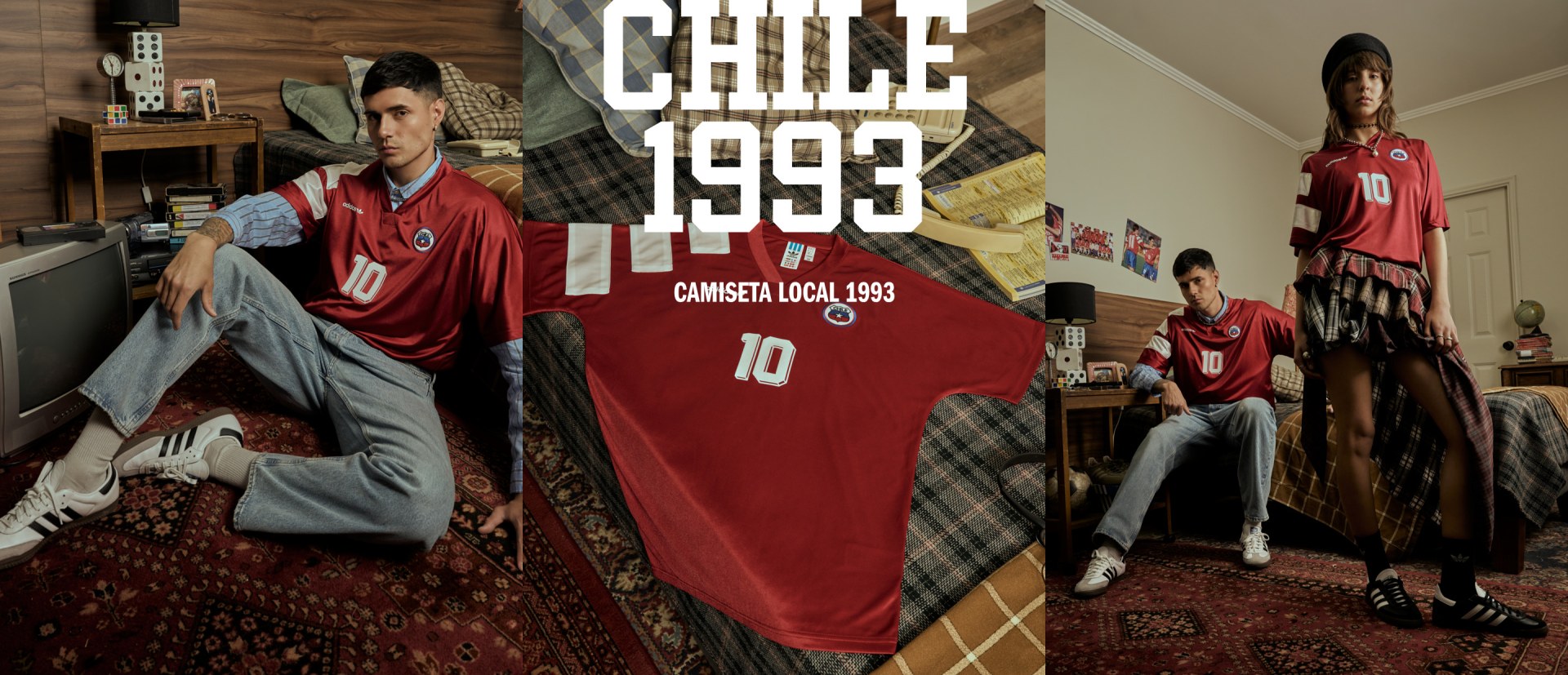 The image features a red soccer jersey with the text "CHILE 1993" prominently displayed, along with a player wearing the jersey and other soccer-related items in the background.