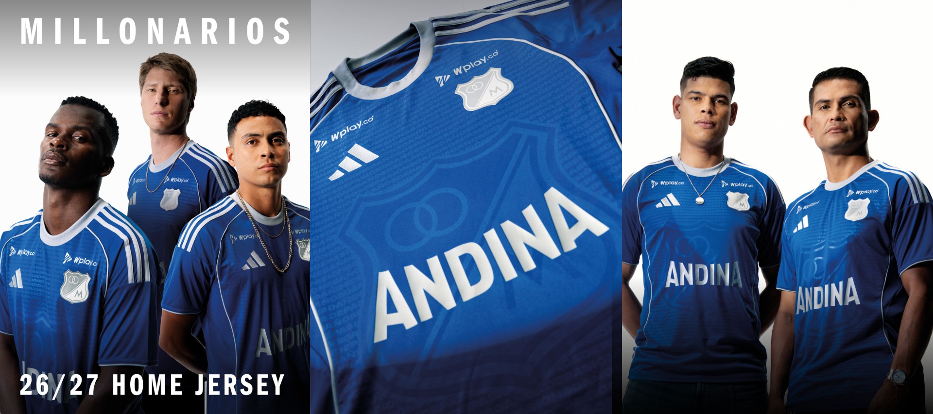 The image features a group of soccer players wearing blue and white jerseys with the word "ANDINA" prominently displayed. The background appears to be a sports-related setting, possibly a stadium or training facility.