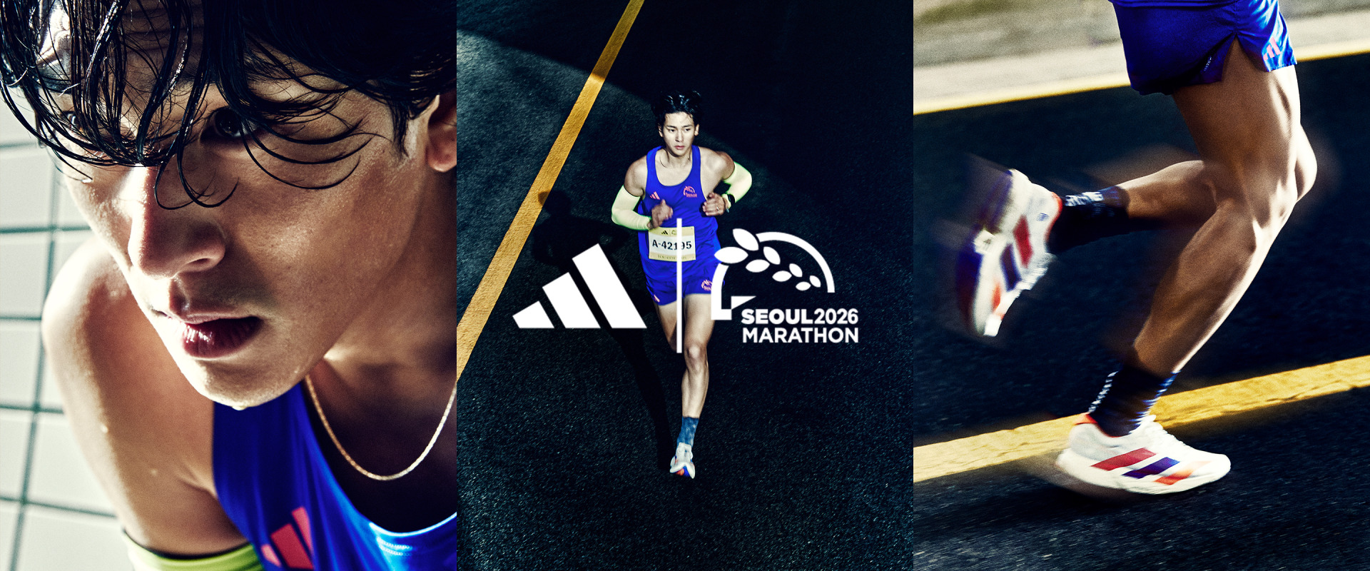 The image shows a close-up of a runner's face, with the runner's body visible in the background wearing a blue singlet and running shoes.