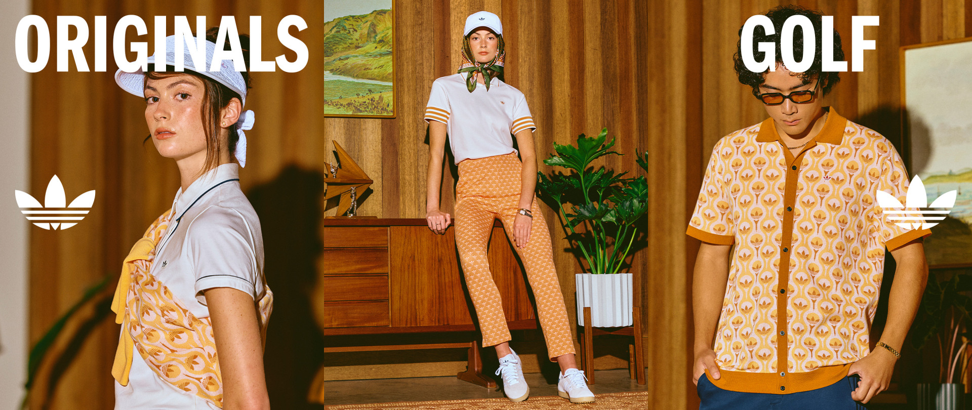 The image features three individuals wearing stylish golf-inspired outfits, standing in a room with wooden furniture and a painting on the wall, creating a visually appealing and fashion-forward scene.