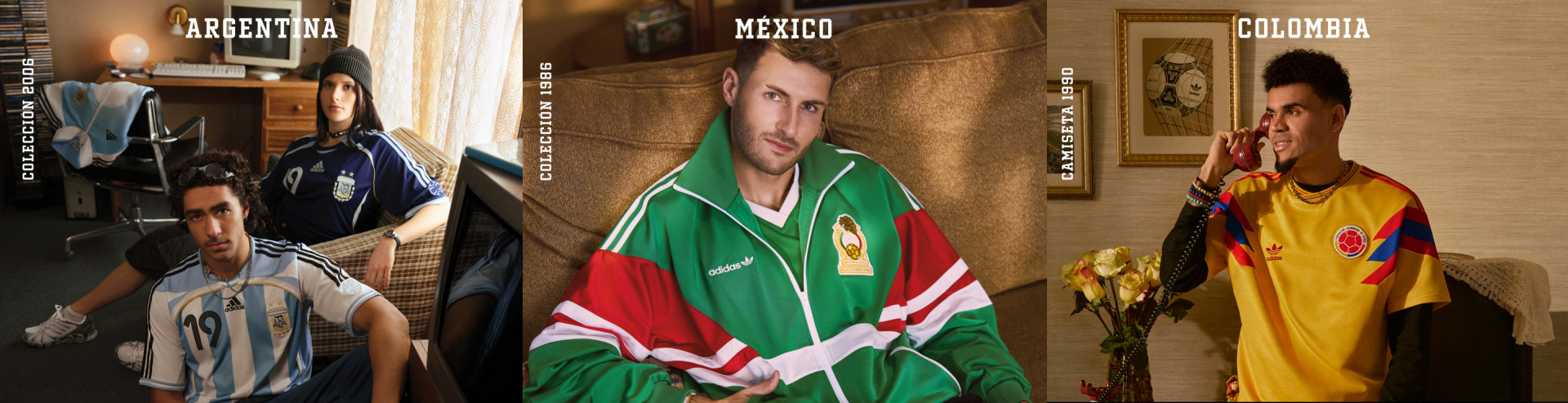 A man wearing a green, red, and white soccer jersey stands in a room with various sports memorabilia and decorations.