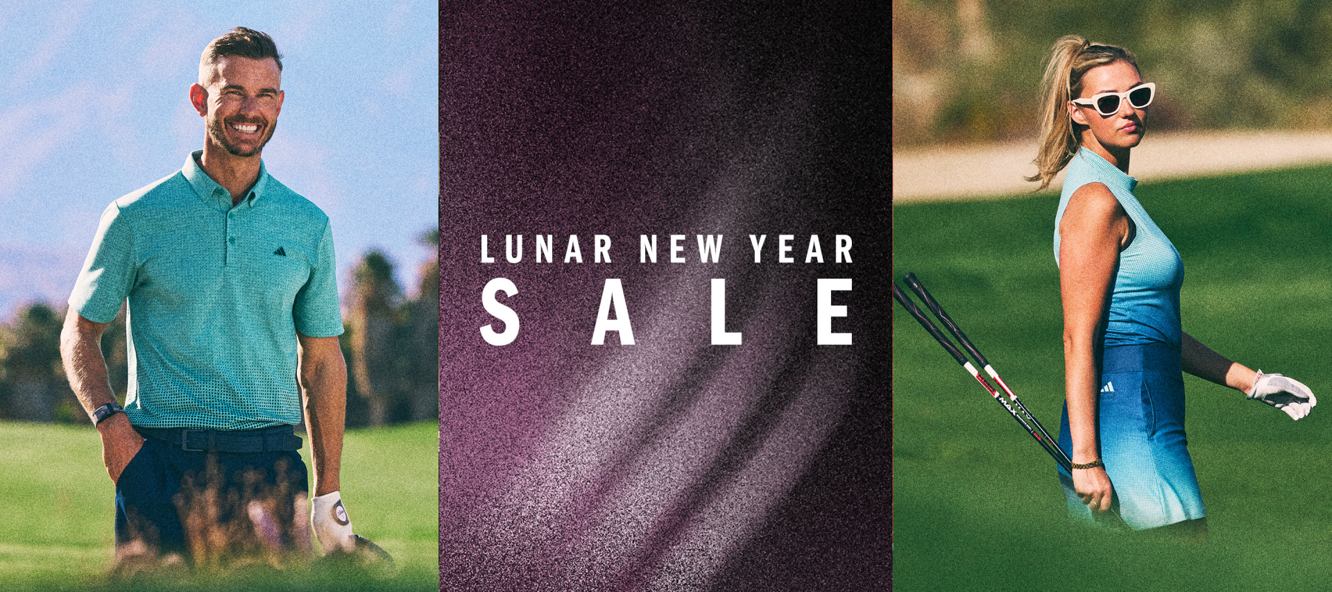 The image features a man in a green polo shirt standing on a grassy field, a large black banner with the text "LUNAR NEW YEAR SALE", and a woman in sunglasses and a blue outfit holding a tennis racket on a sunny outdoor setting.