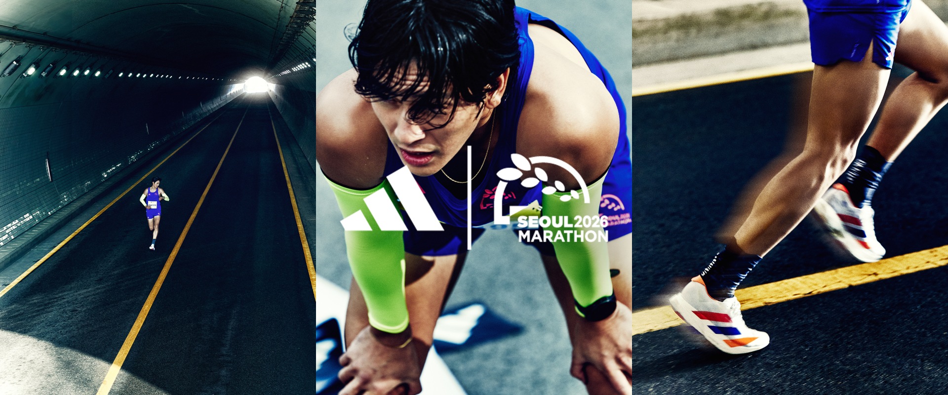 A runner in a blue and green jersey appears to be in the midst of a marathon, with a dimly lit tunnel in the background.