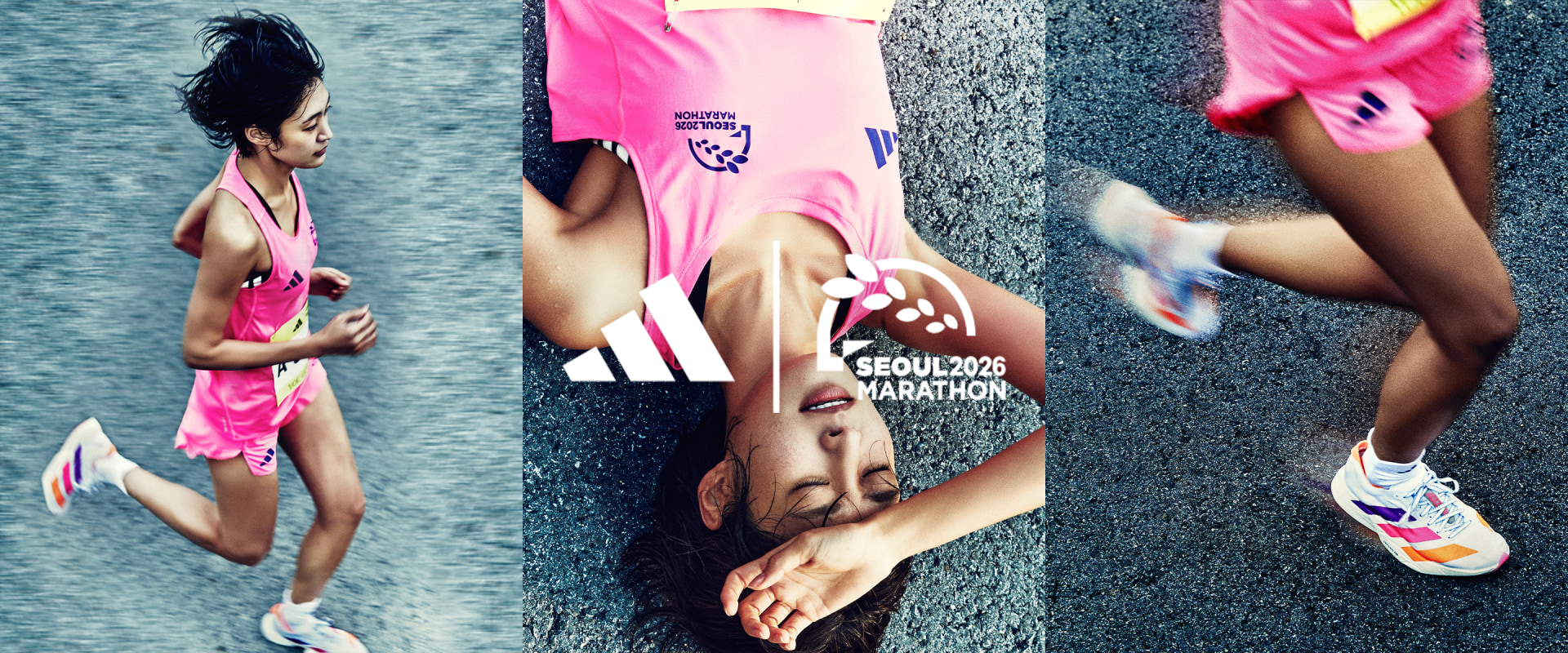 The image shows a group of runners wearing pink jerseys with the text "Seoul 2028 Marathon" as they run along a body of water, with the background featuring a concrete wall.