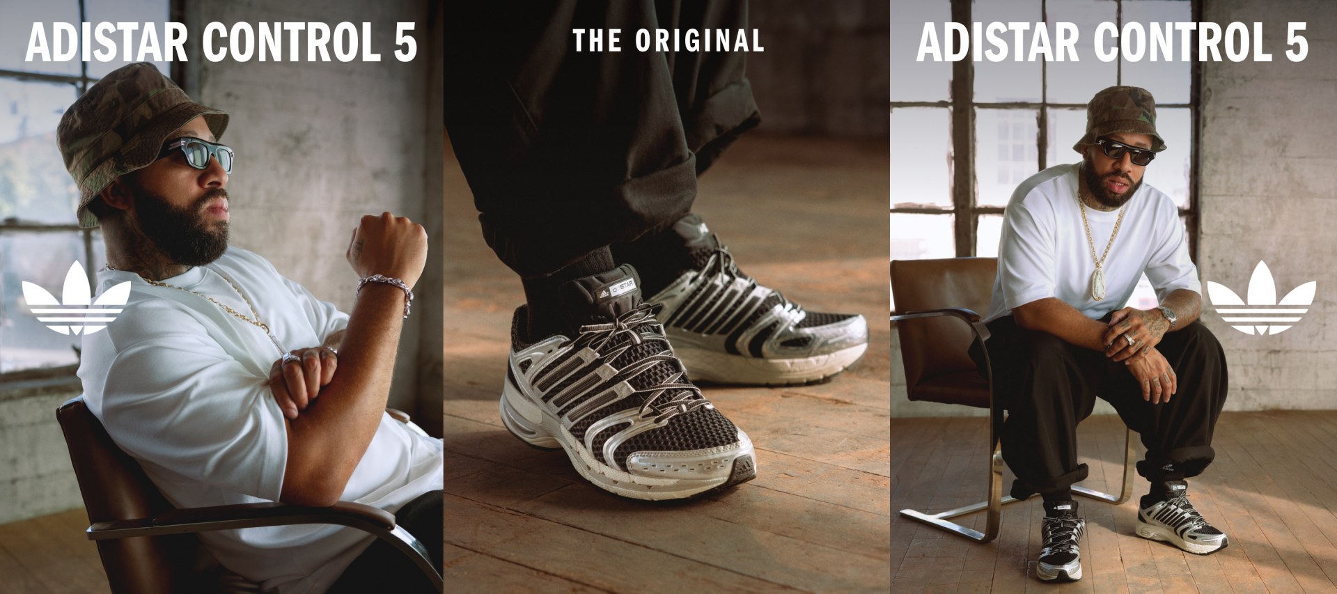 The image features three different Adidas Control 5 sneakers, with the text "ADIDAS CONTROL 5" and "THE ORIGINAL" prominently displayed. The background appears to be a wooden or concrete surface, providing a simple and minimalist setting to showcase the sneakers.