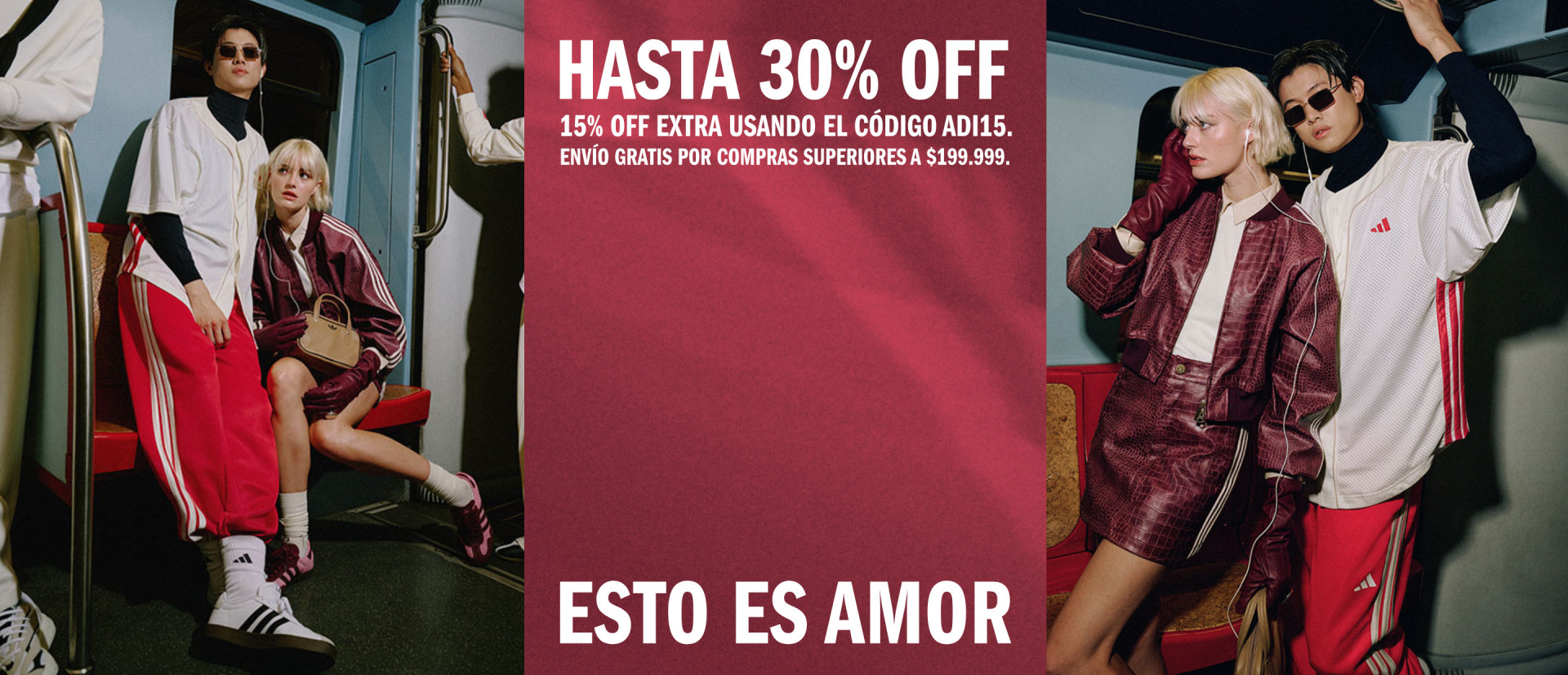 The image features two individuals wearing stylish, burgundy-colored outfits standing in front of a large red banner advertising a 30% discount promotion, with the text "ESTO ES AMOR" prominently displayed.