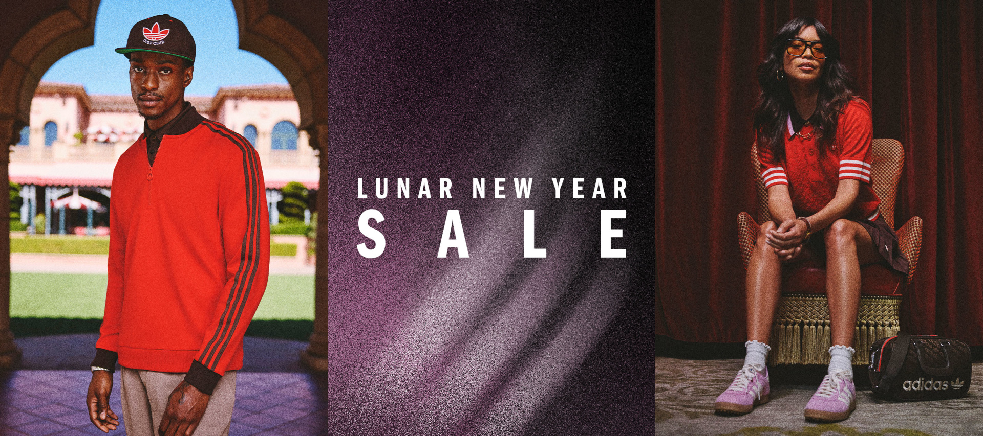 The image features two individuals wearing vibrant red and white outfits, standing in front of a backdrop promoting a "Lunar New Year Sale". The background appears to be a scenic outdoor setting with architectural elements.