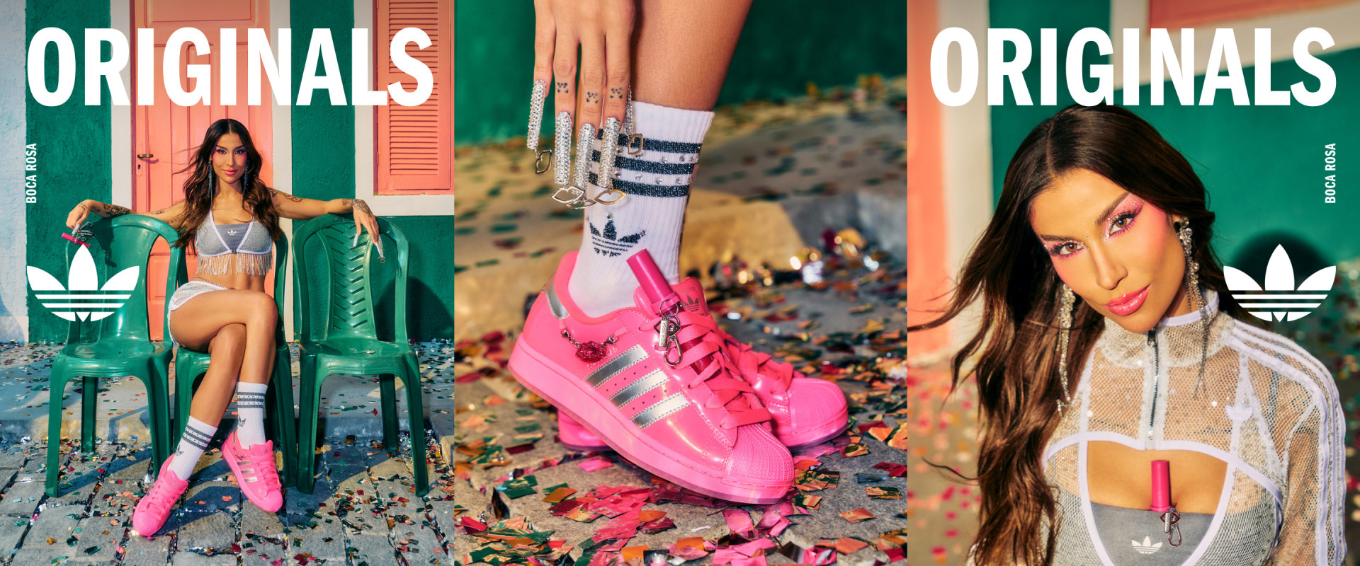 The image features several close-up shots of a person's legs and feet, showcasing various Adidas-branded athletic shoes and apparel in vibrant colors against a backdrop of colorful, textured surfaces.