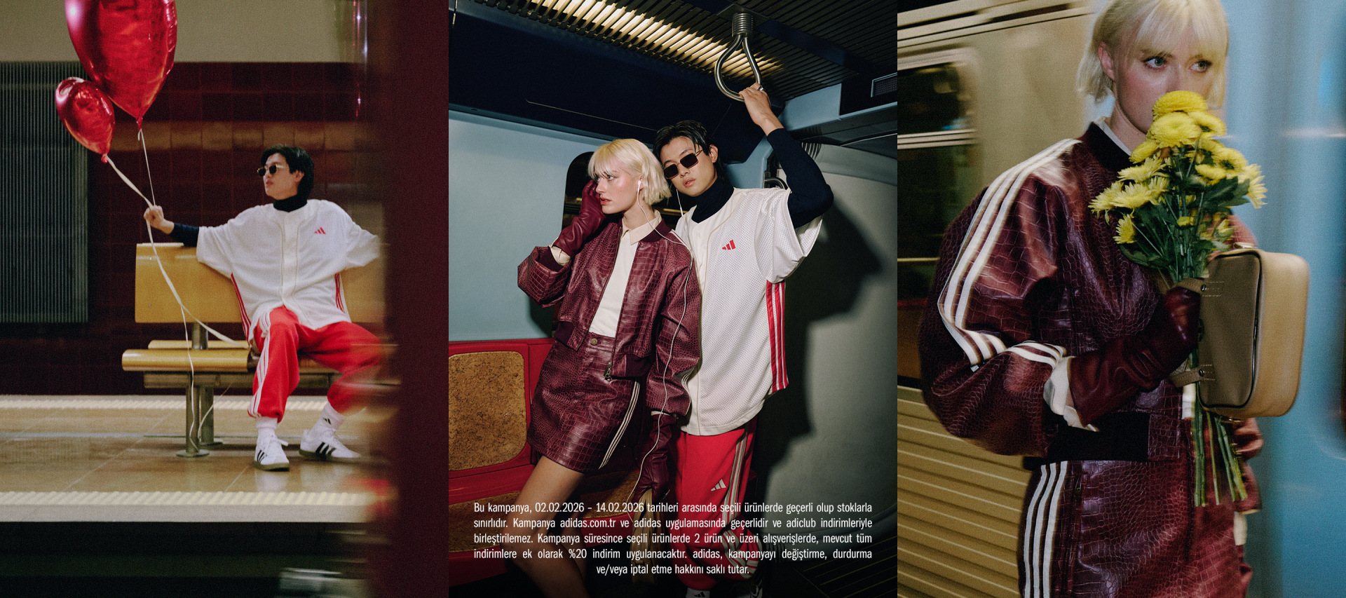 The image depicts three individuals wearing stylish, burgundy-colored outfits, posing in what appears to be a performance or fashion-related setting, with a backdrop of curtains and other theatrical elements.