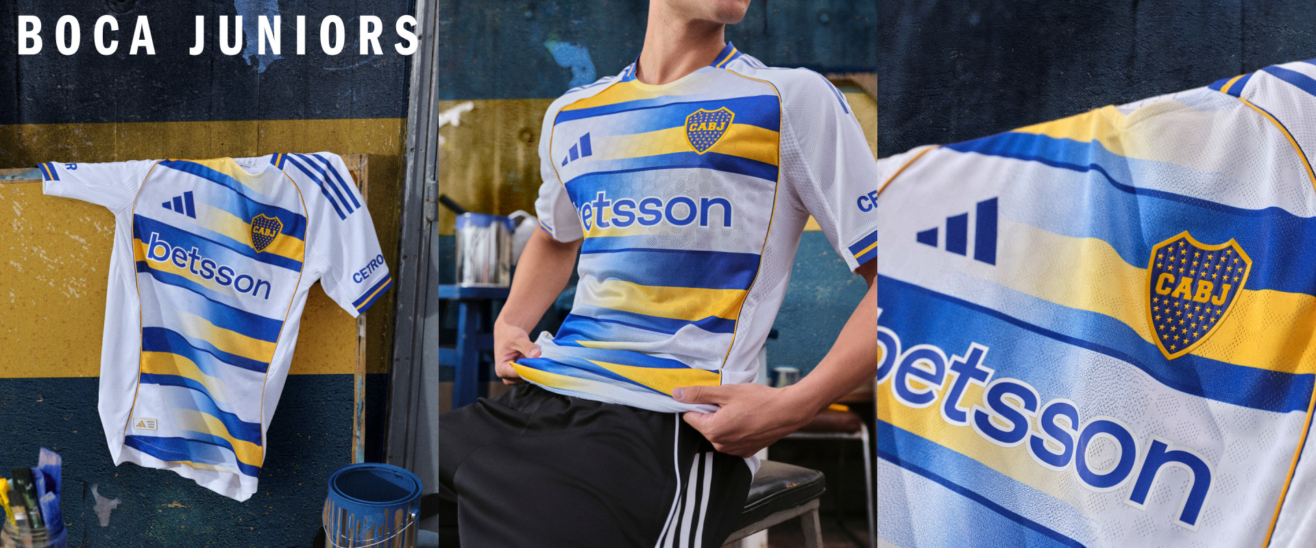 The image shows a display of Boca Juniors soccer jerseys, featuring the Betsson logo prominently displayed on the front of the white and blue striped jerseys.