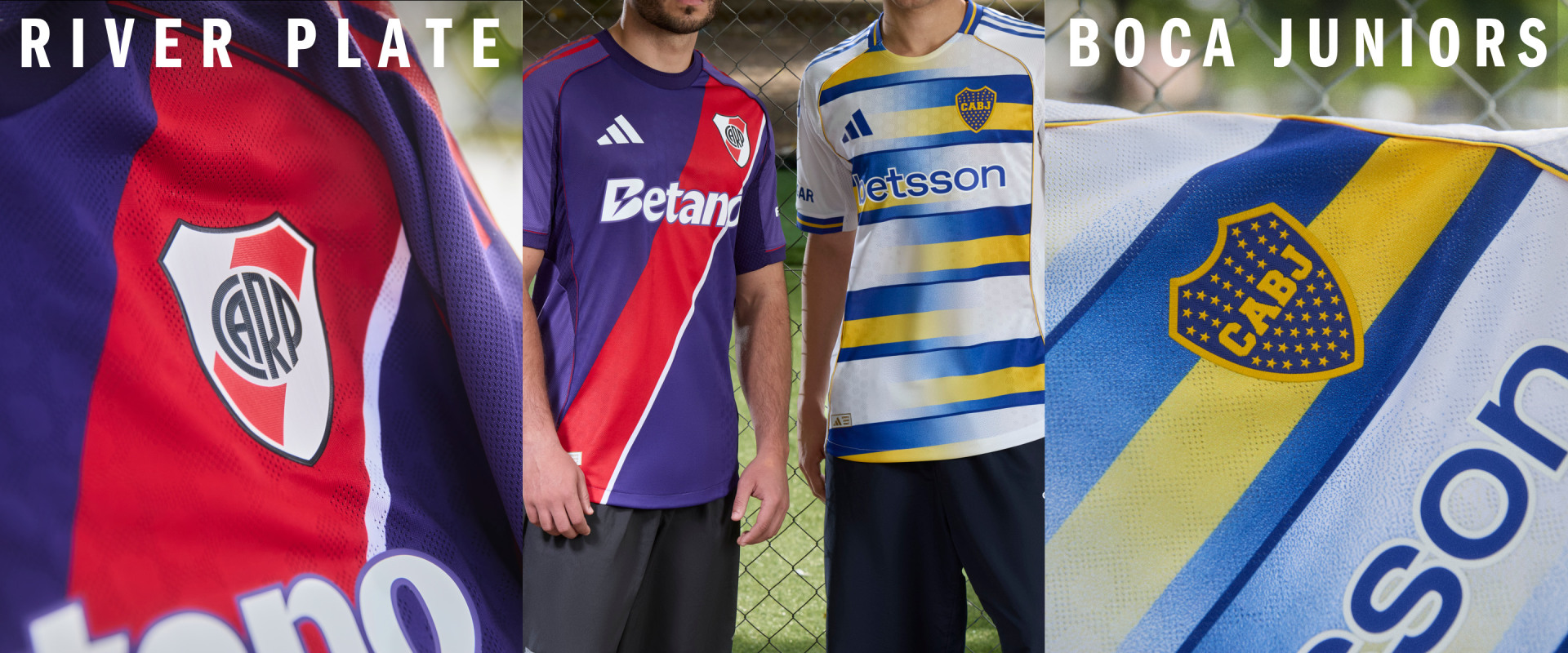 The image displays various soccer jerseys from different teams, including River Plate, Boca Juniors, and Betsson, showcasing the vibrant and diverse world of soccer apparel.