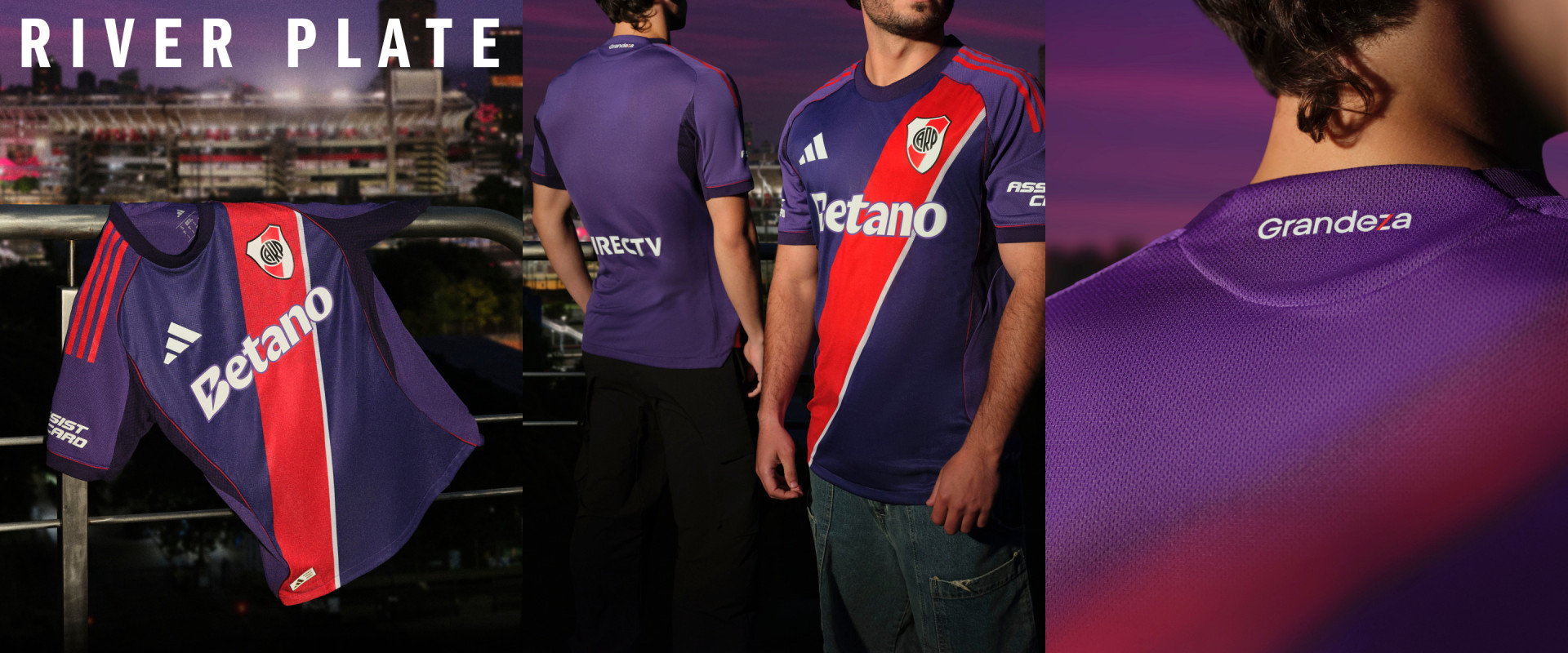 The image displays a collection of soccer jerseys and merchandise, with a vibrant purple and red color scheme, set against a backdrop of a city skyline.