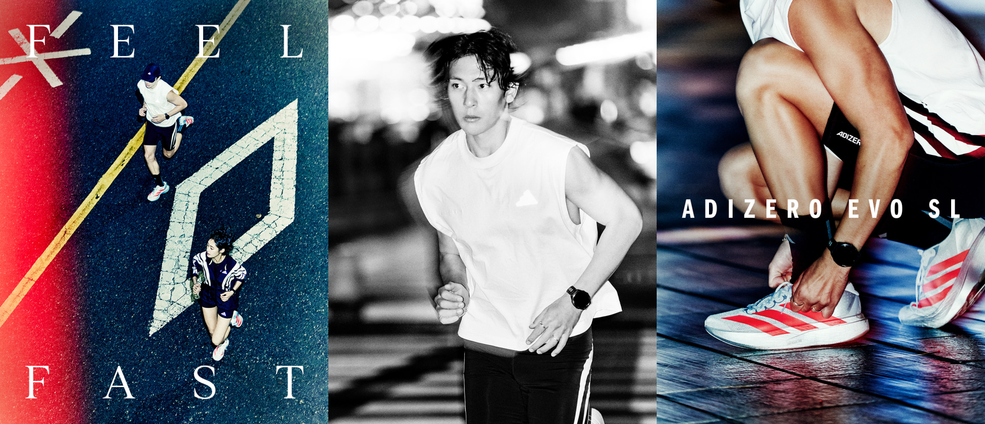 The image contains three distinct panels. The first panel features a person wearing a white shirt and dark pants, the second panel shows a person in a white shirt, and the third panel depicts a pair of legs wearing red and white sneakers.