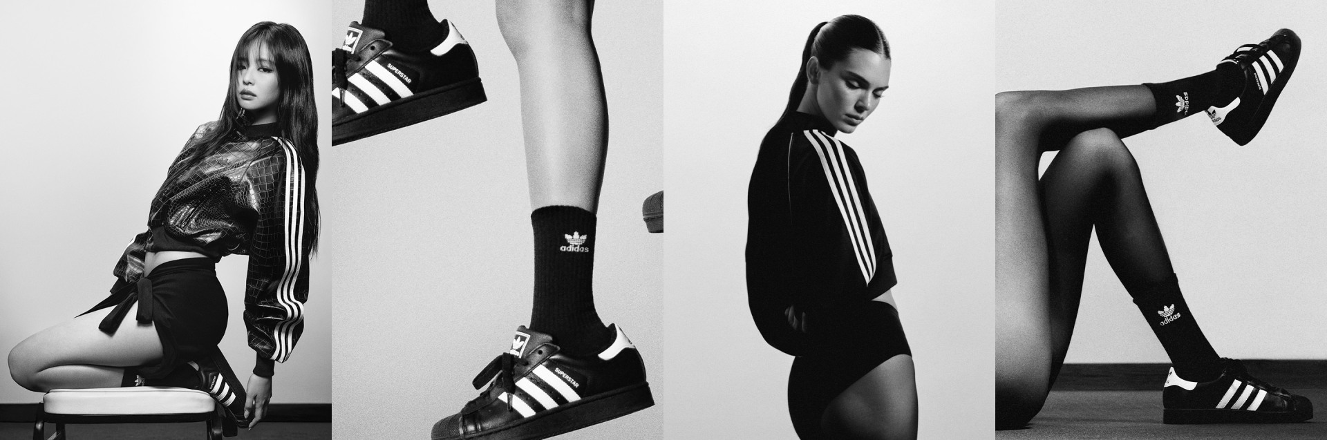 The image features several individuals wearing black and white athletic attire, including Adidas-branded clothing and shoes, posing in a minimalist, monochromatic setting.