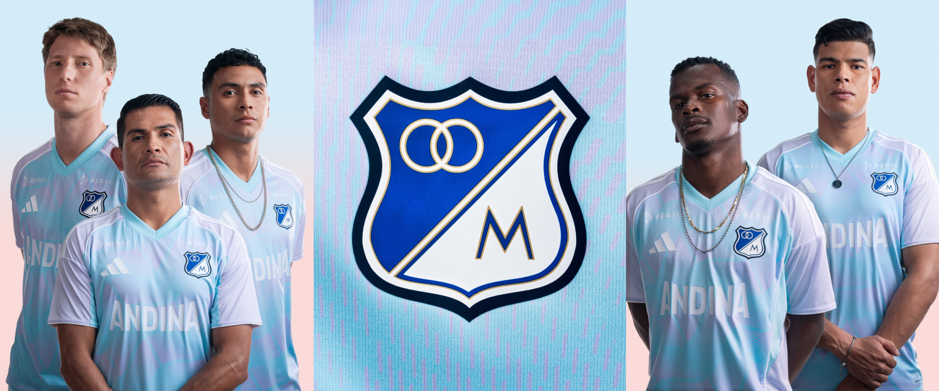 The image features a group of soccer players wearing light blue jerseys with a prominent team crest in the center, standing in front of a light blue background with a large team logo.