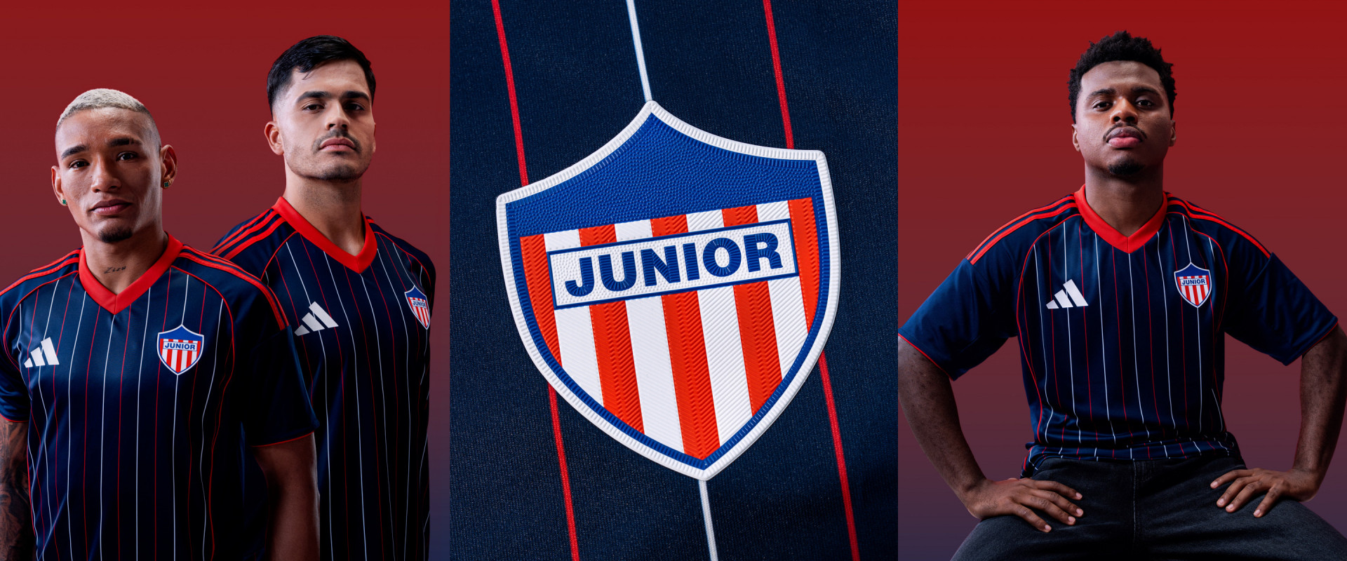 The image features two soccer players wearing the jerseys of the Junior football club, standing in front of a red and blue background with the club's crest prominently displayed.