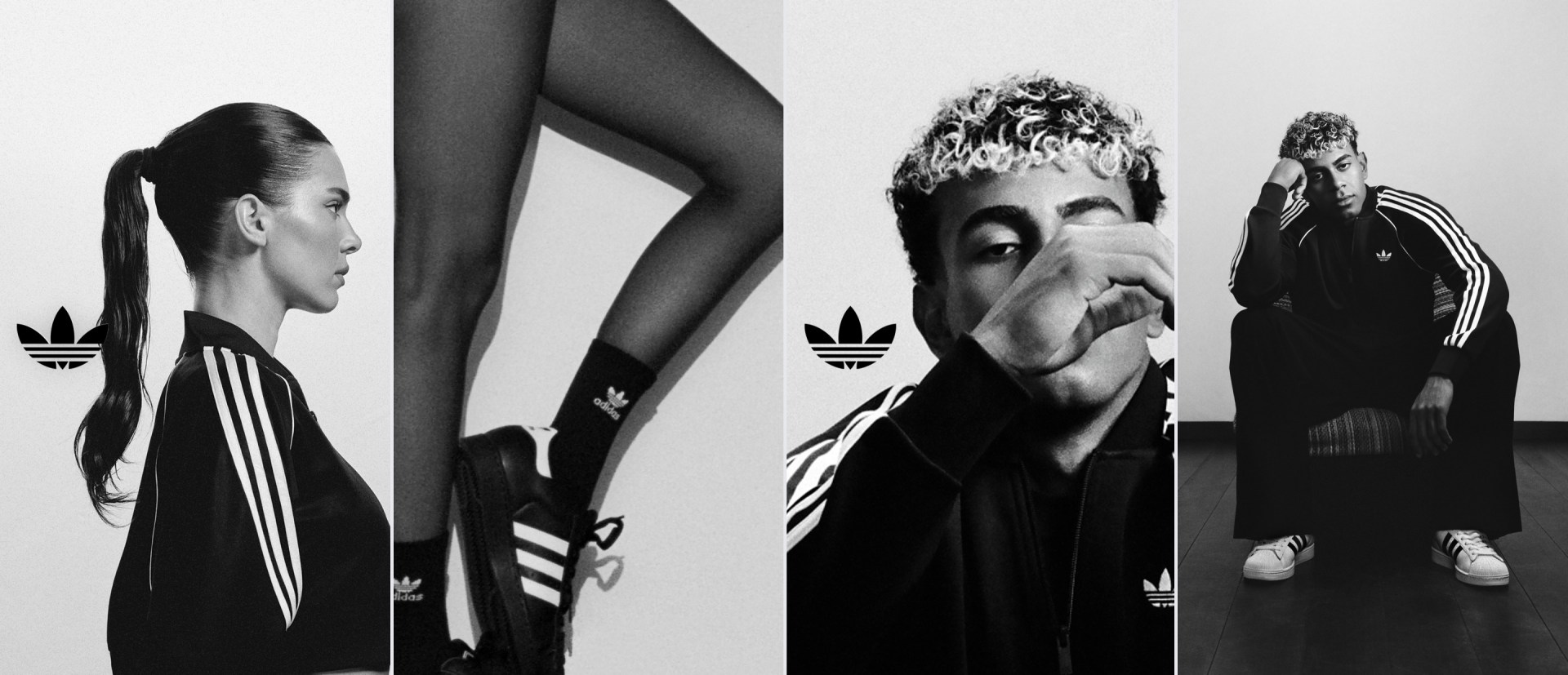 The image features several black and white photographs depicting individuals in various poses, including a close-up of a person's face and full-body shots of individuals wearing Adidas sportswear.