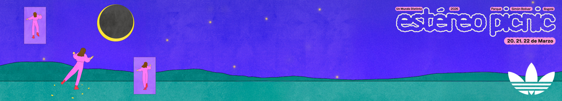 A dark green landscape with rolling hills is set against a deep purple sky dotted with glowing stars.