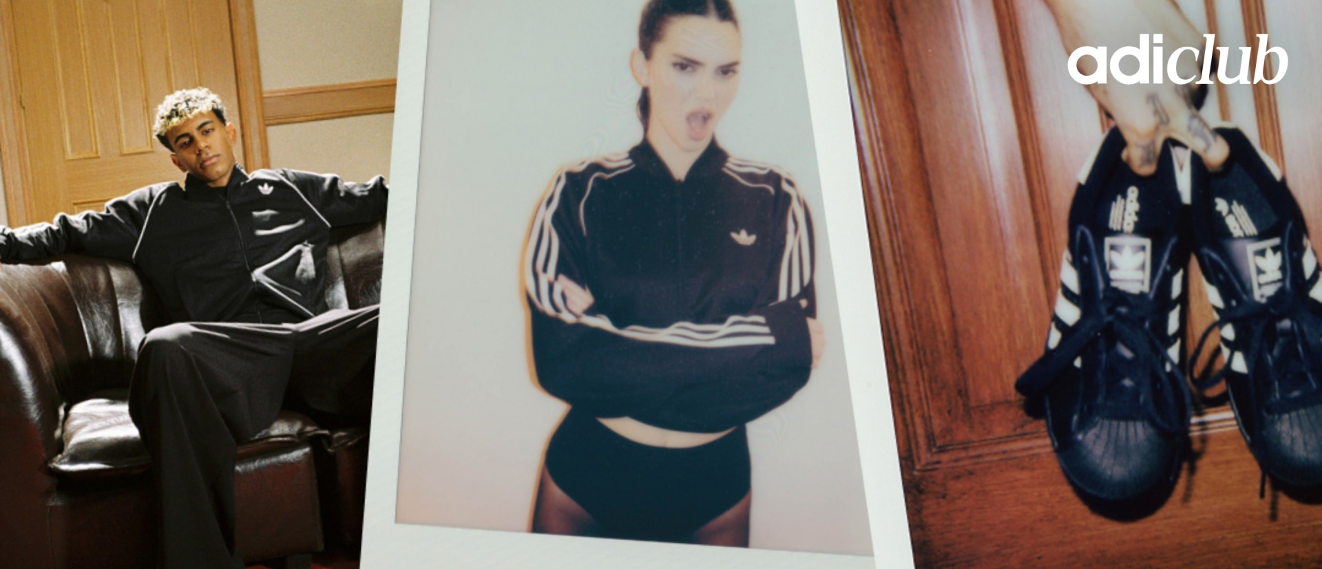 The image depicts a person wearing a black athletic outfit standing in front of a wooden door, with two other images of people in athletic wear visible in the background.