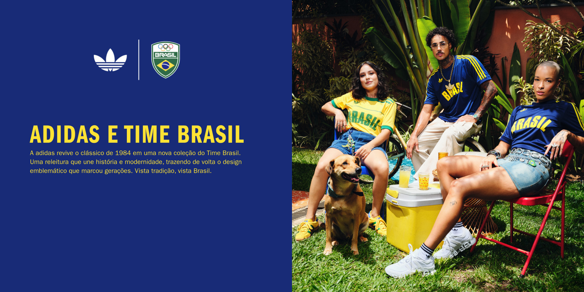 The image shows a group of people, likely friends or family, sitting on the grass in a lush, green outdoor setting. They are wearing Adidas and Time Brasil branded clothing, suggesting a connection to the Adidas brand and Brazilian culture.