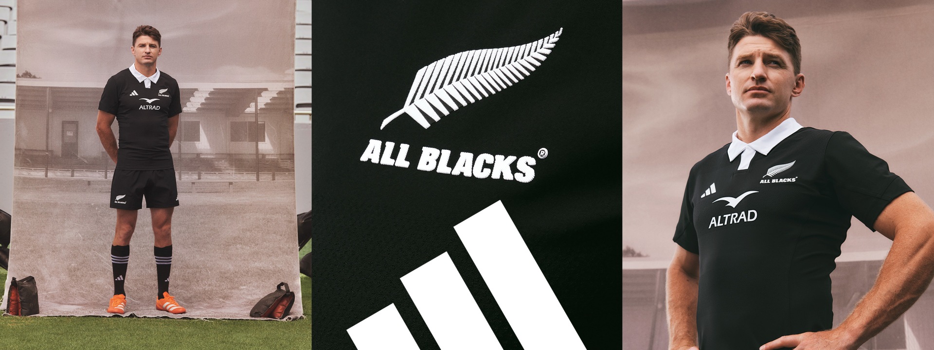 The image features two rugby players wearing the iconic black and white uniforms of the All Blacks team, with the distinctive silver fern logo prominently displayed on the jerseys. The background appears to be a sports stadium or training facility, with a black and white color scheme creating a bold and striking visual.