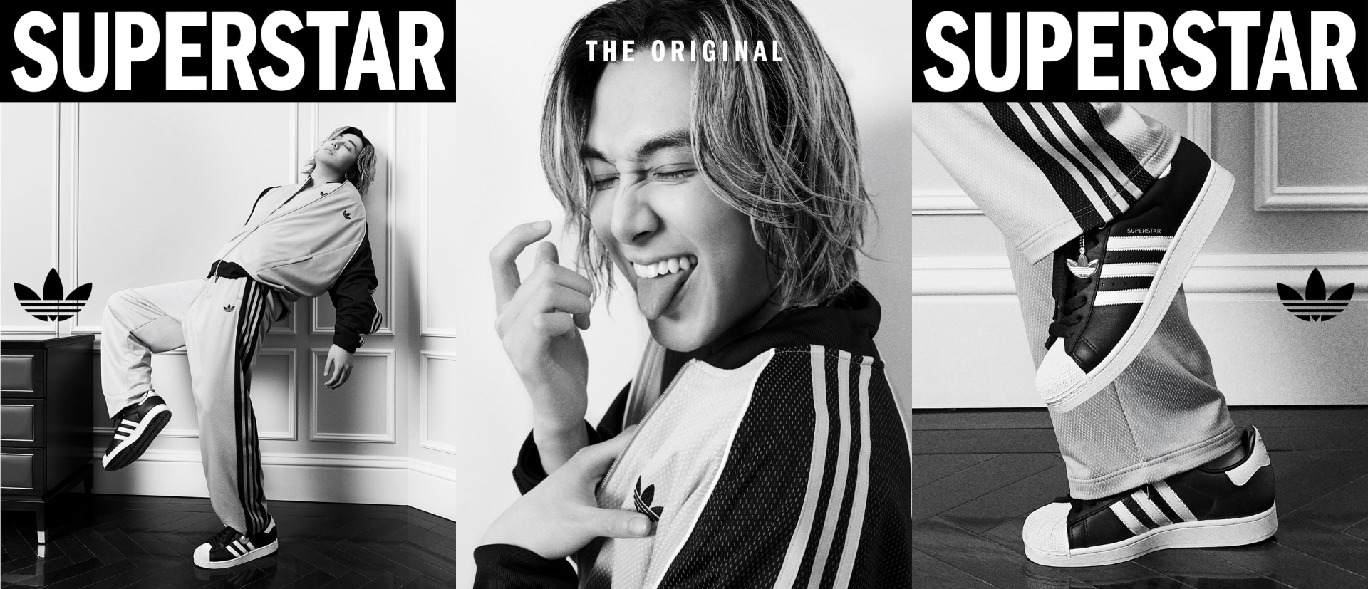 The image features a smiling woman with long blonde hair, wearing a black and white striped outfit, posing in front of a backdrop with the word "Superstar" prominently displayed.