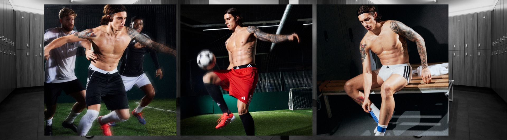 L'image montre plusieurs athlètes masculins sans maillot, engagés dans diverses activités sportives sur un terrain de sport ou un court, avec un ballon de football visible au centre.