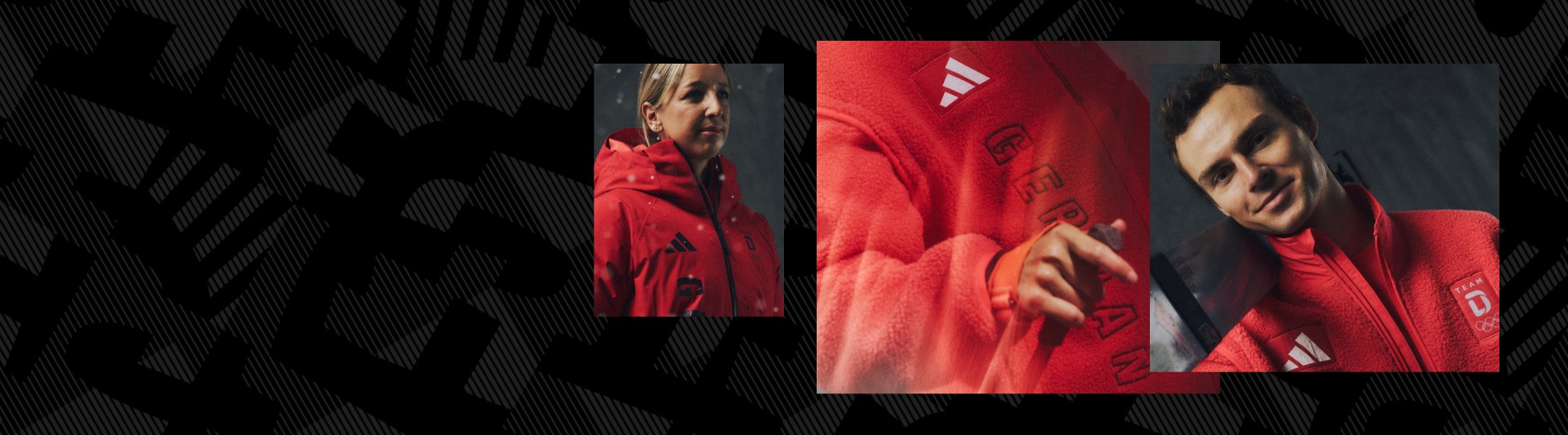 Das Bild zeigt eine Nahaufnahme einer Person, die eine leuchtend rote Jacke oder einen leuchtend roten Mantel trägt, wobei der Hintergrund eine dunkle, strukturierte Oberfläche zu sein scheint.