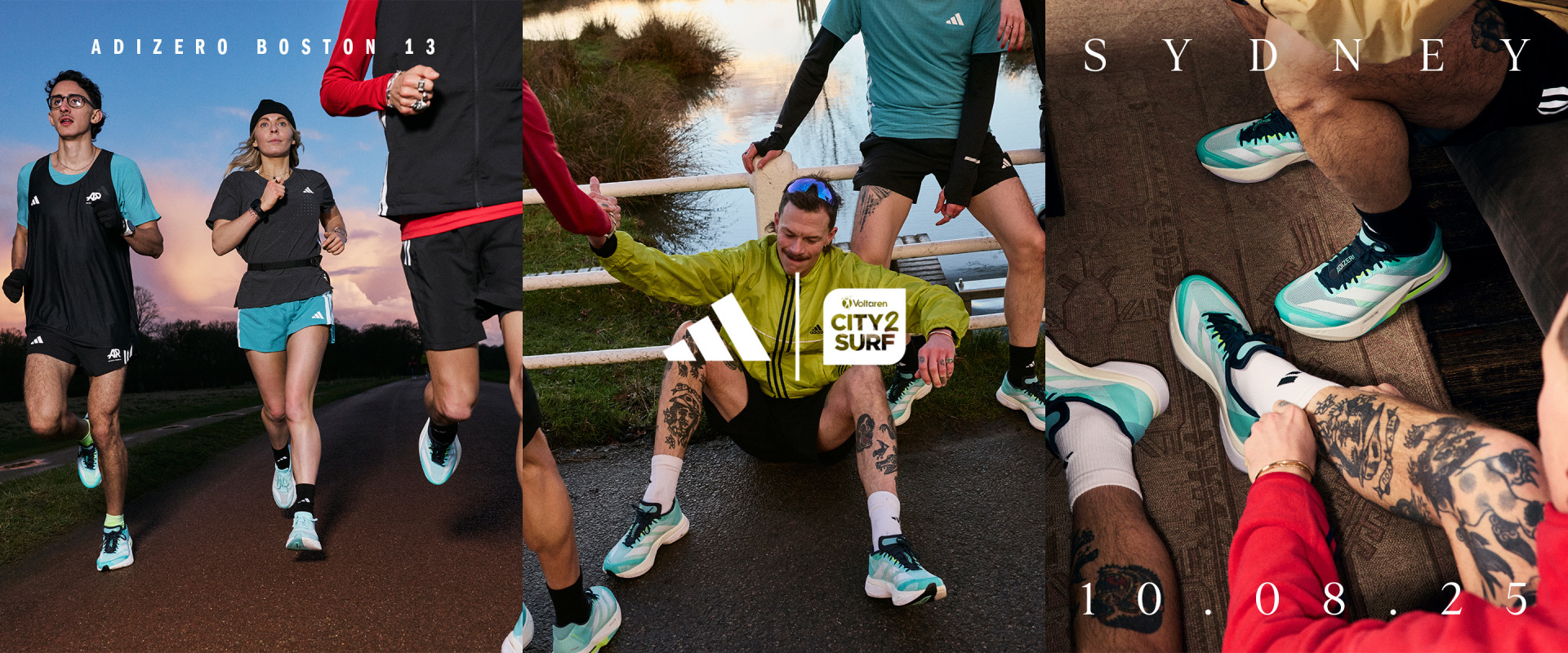 The image shows a group of runners participating in a running event, with the foreground featuring a runner wearing a bib number and the background displaying various athletic apparel and accessories.