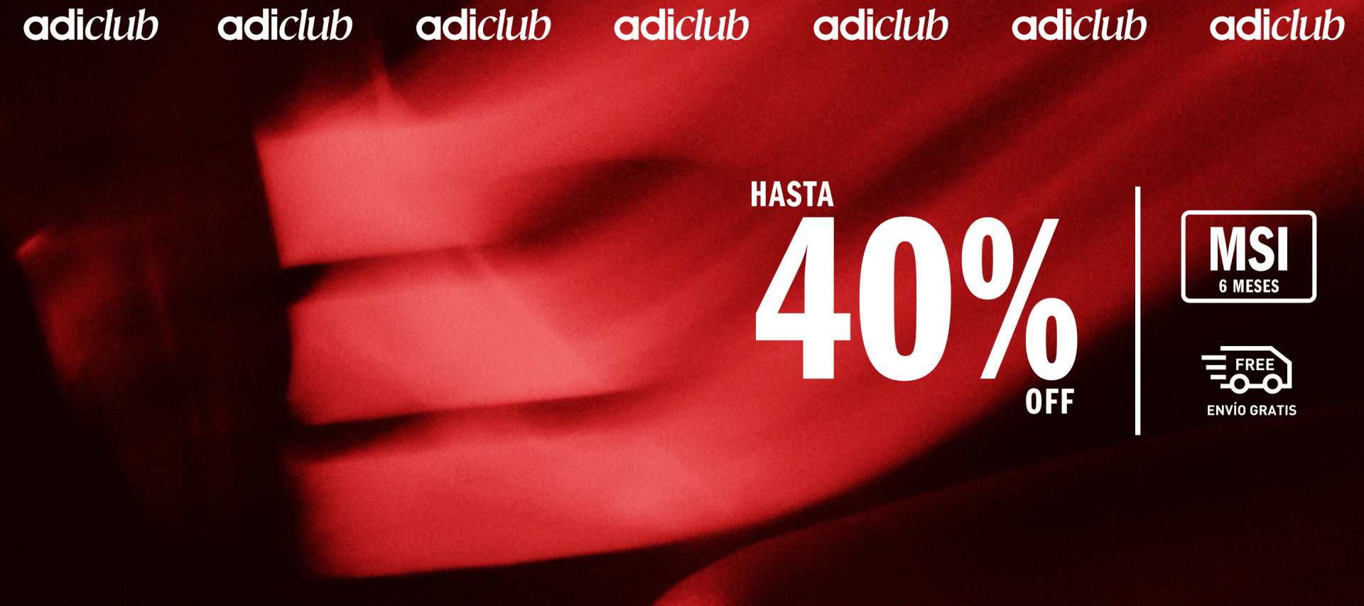 A vibrant red background with the text "HASTA 40% OFF" prominently displayed, along with the Adidas logo repeated across the image.