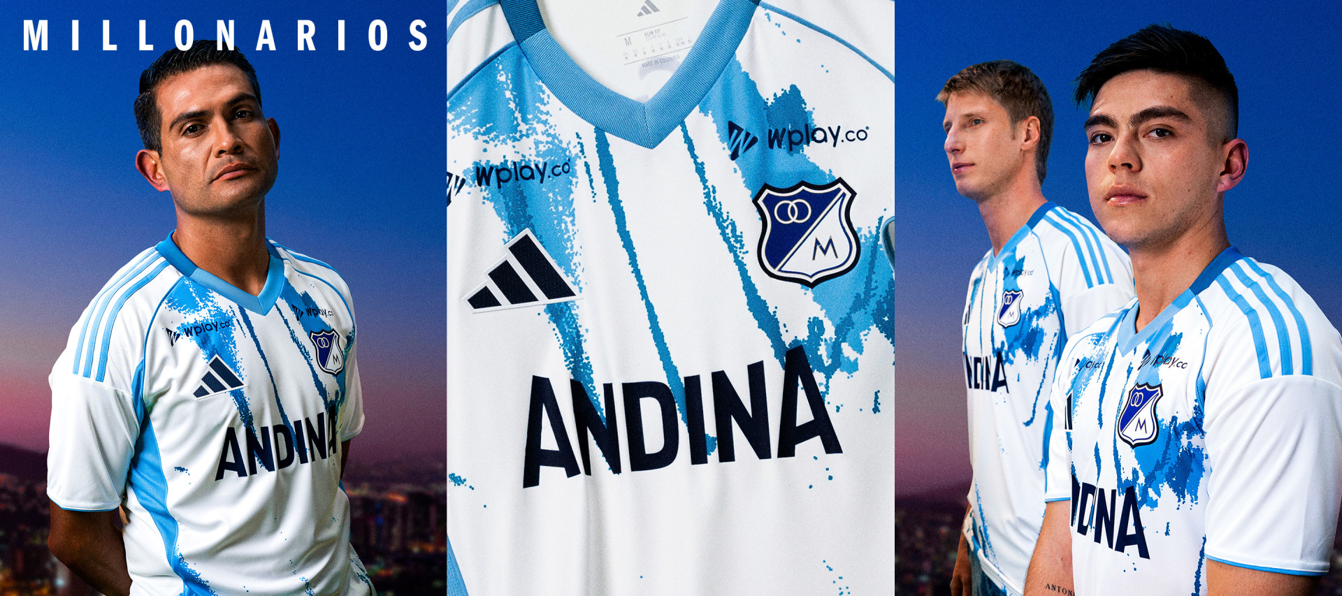 The image features several soccer players wearing white and blue jerseys with the team name "Millionarios" prominently displayed. The players are posed in a dynamic, action-oriented manner, suggesting a sports or athletic context. The background appears to be a stadium or sports venue, with a cloudy sky visible.