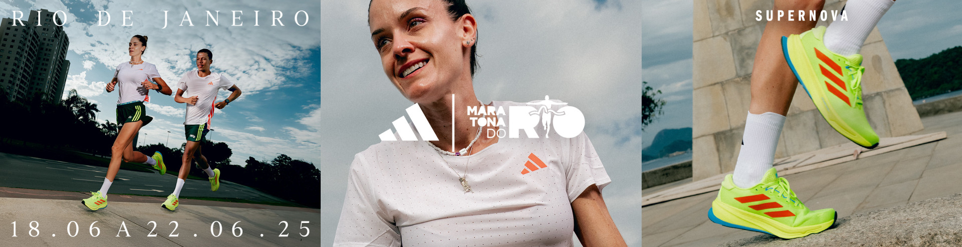 A smiling woman wearing a white shirt with the Adidas logo stands in front of a cloudy sky backdrop with the text "EIRO" visible.