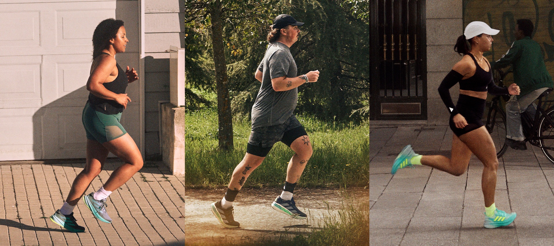 The image shows three people, two women and one man, wearing athletic clothing and posing outdoors on a wooden deck surrounded by trees and greenery.