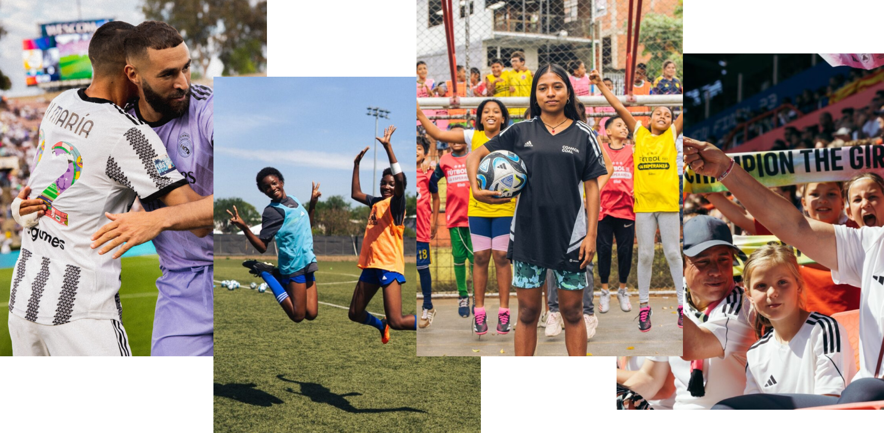 An image collection with the images of two football players hugging each other, two girls jumping, a girl on a football pitch with a ball under her arm and children behind her, a father and a daughter at a football match