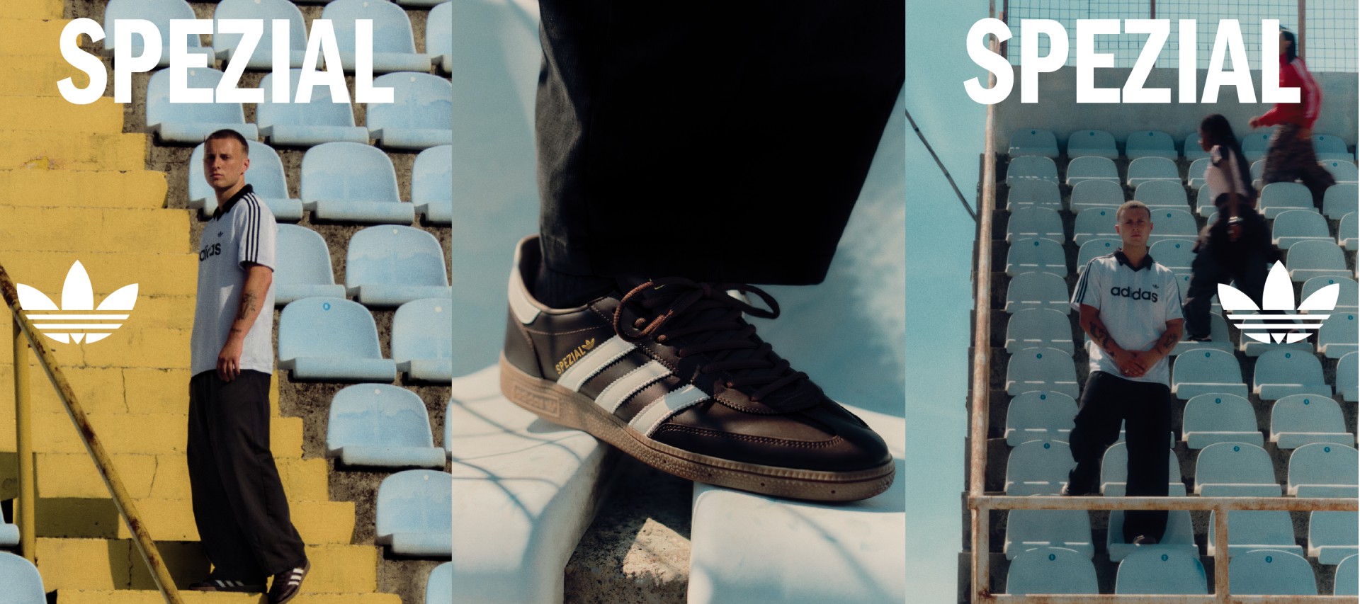 The image shows a close-up view of a person's feet wearing a pair of black and white Adidas sneakers, with the word "SPEZIAL" prominently displayed in the background on what appears to be a sports stadium or arena seating area.