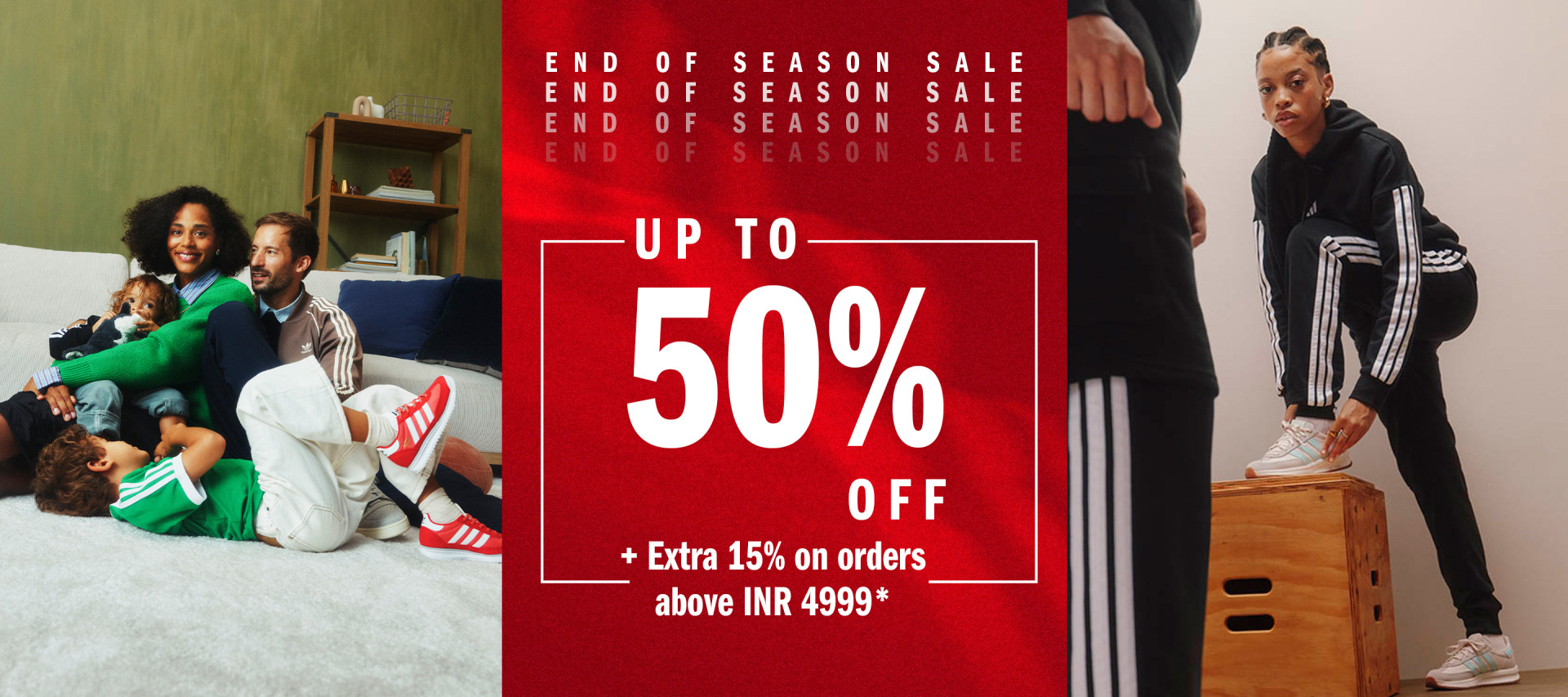 The image features a group of people, including a woman in a green top and a man in a black tracksuit, sitting on the floor in what appears to be a retail or commercial setting, with a large red sale sign in the background advertising discounts of up to 50% off.