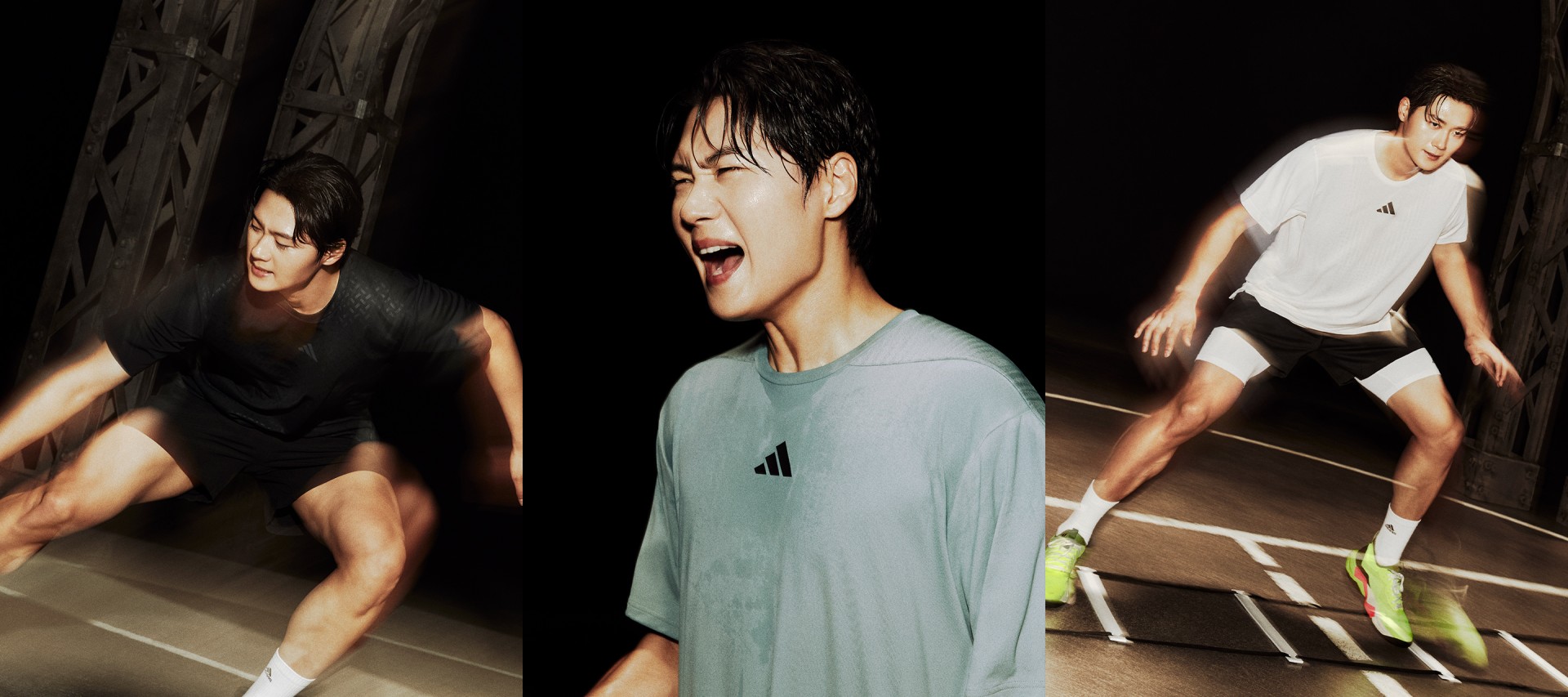 The image depicts three young men, one of whom is shouting with an intense expression, while the other two appear to be in a more relaxed stance, set against a dark background.