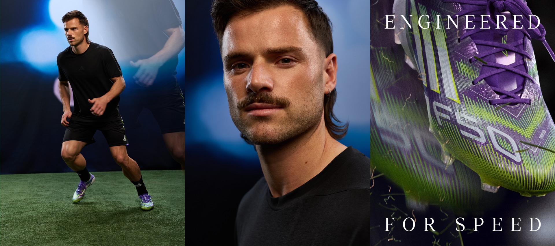The image features a man with a beard wearing a black shirt, standing in front of a backdrop with the text "Engineered for speed" and a purple and green design.